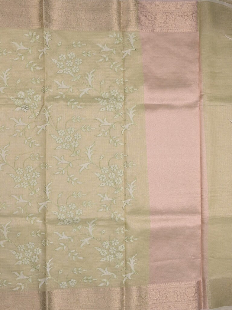 Kota tissue fancy saree light pista green color allover embroidery & zari border with short pallu and plain blouse