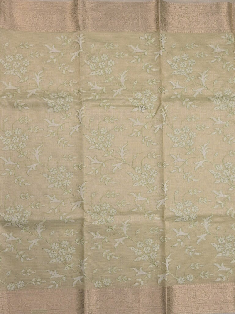Kota tissue fancy saree light pista green color allover embroidery & zari border with short pallu and plain blouse