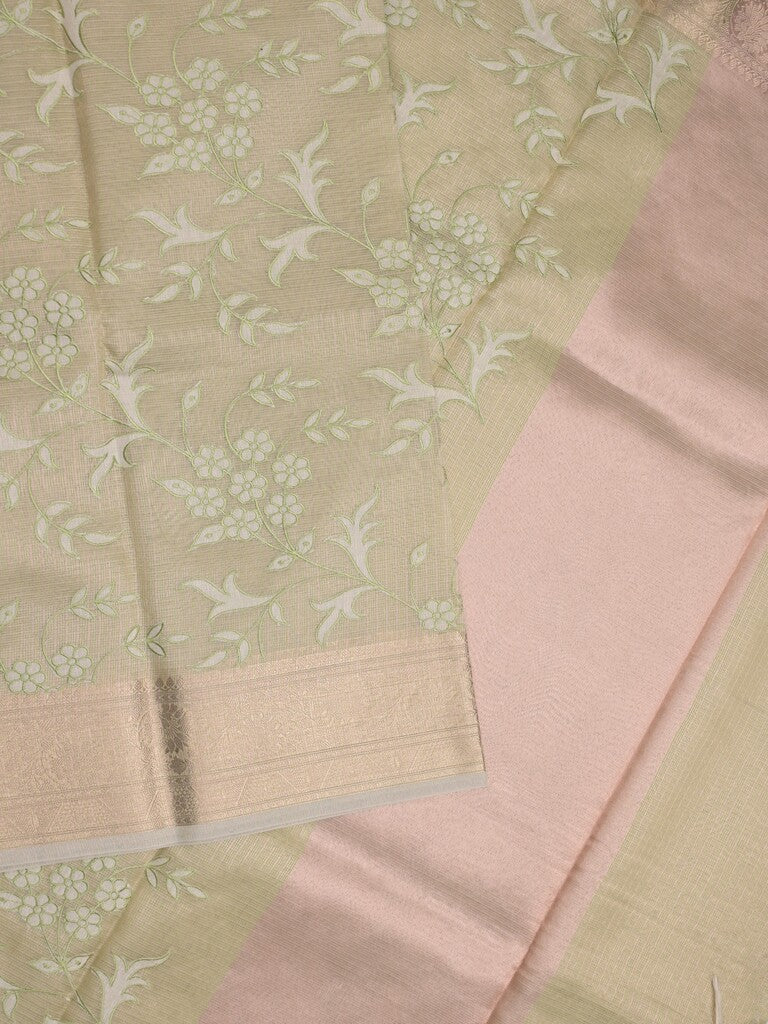 Kota tissue fancy saree light pista green color allover embroidery & zari border with short pallu and plain blouse