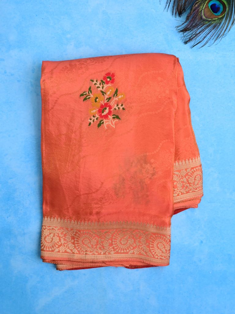 Dola tissue fancy saree light orange color allover zari weaves & small border with rich pallu and contrast plain blouse