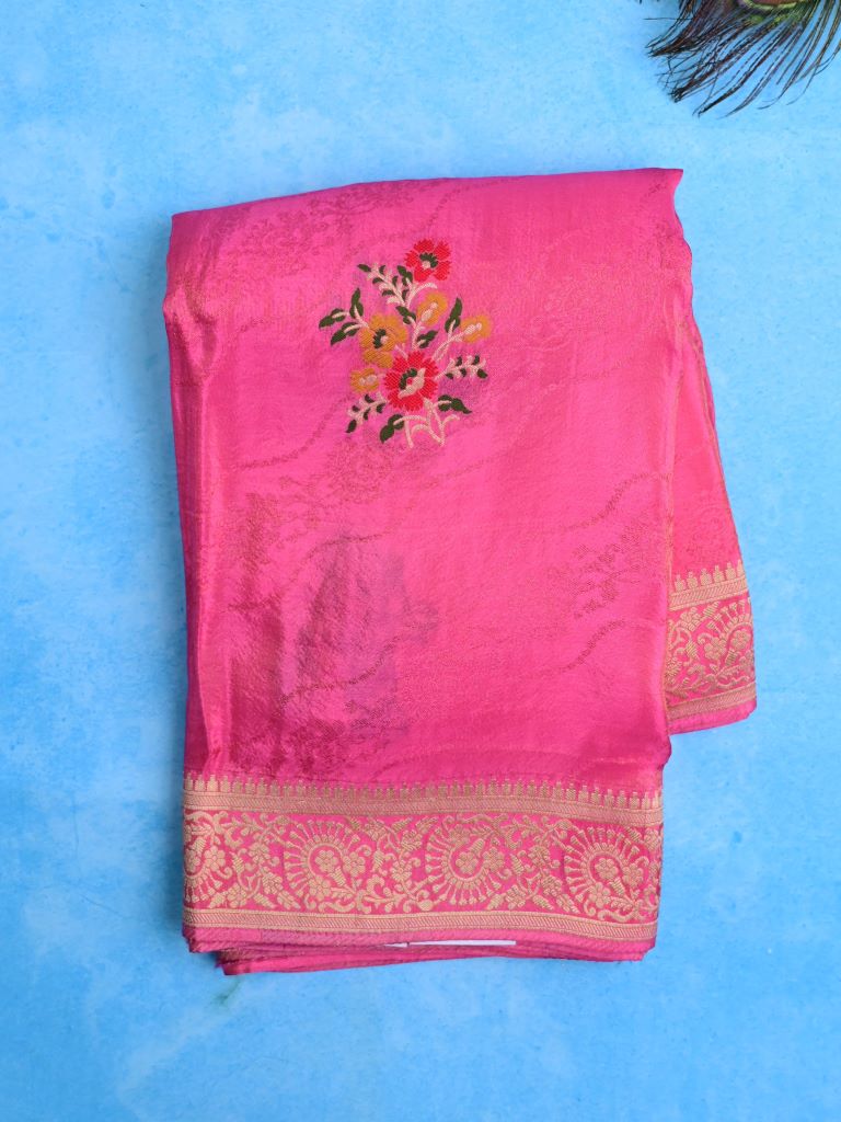 Dola tissue fancy saree rose pink color allover zari weaves & small border with rich pallu and contrast plain blouse