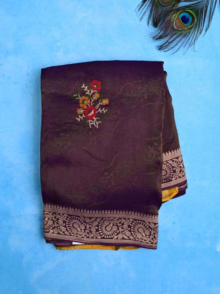 Dola tissue fancy saree dark purple color allover zari weaves & small border with rich pallu and contrast plain blouse