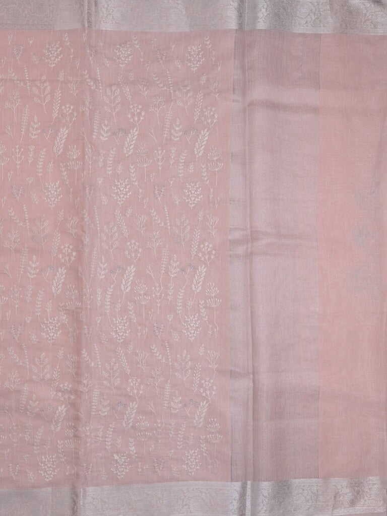 Jute tissue fancy saree light peach color allover embroidery & zari border with short pallu and plain self blouse