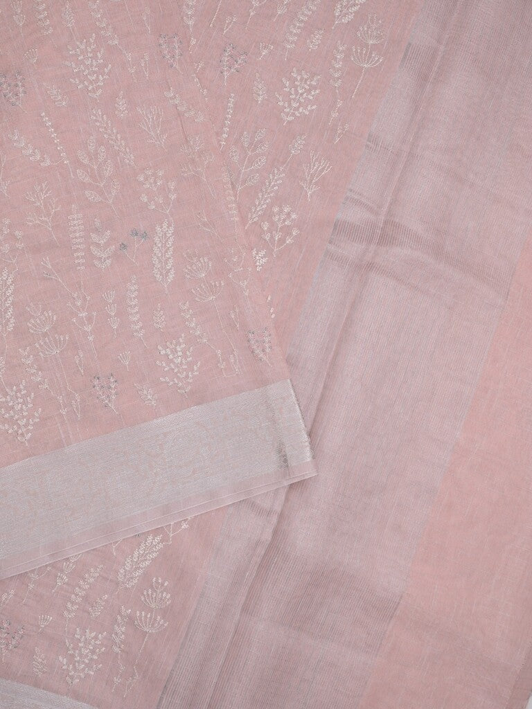 Jute tissue fancy saree light peach color allover embroidery & zari border with short pallu and plain self blouse