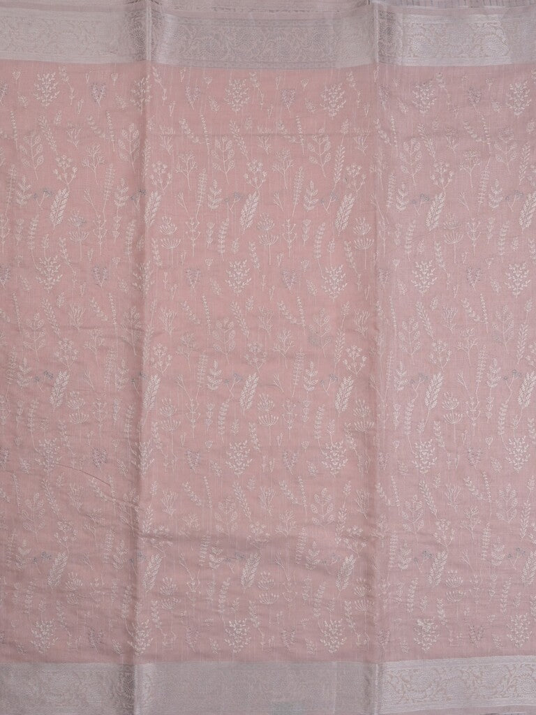Jute tissue fancy saree light peach color allover embroidery & zari border with short pallu and plain self blouse