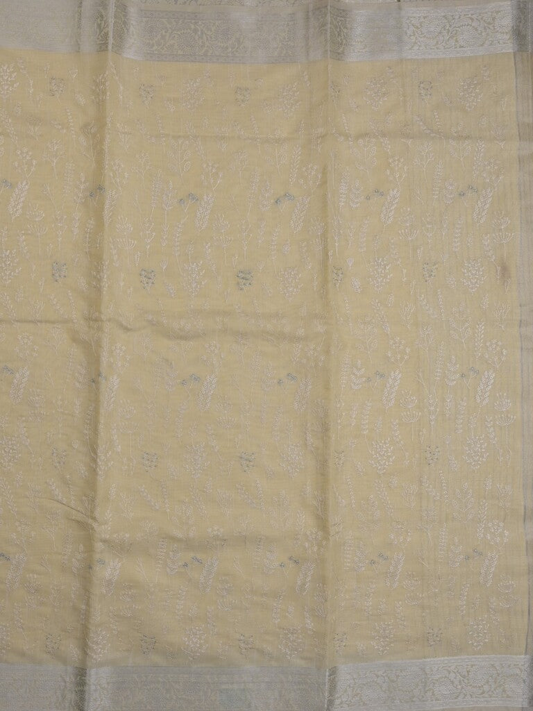 Jute tissue fancy saree light yellow color allover embroidery & zari border with short pallu and plain self blouse