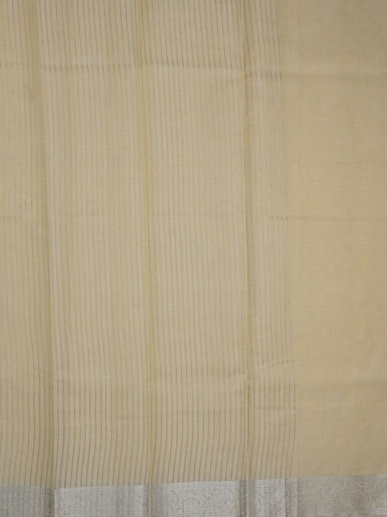 Jute tissue fancy saree light yellow color allover embroidery & zari border with short pallu and plain self blouse