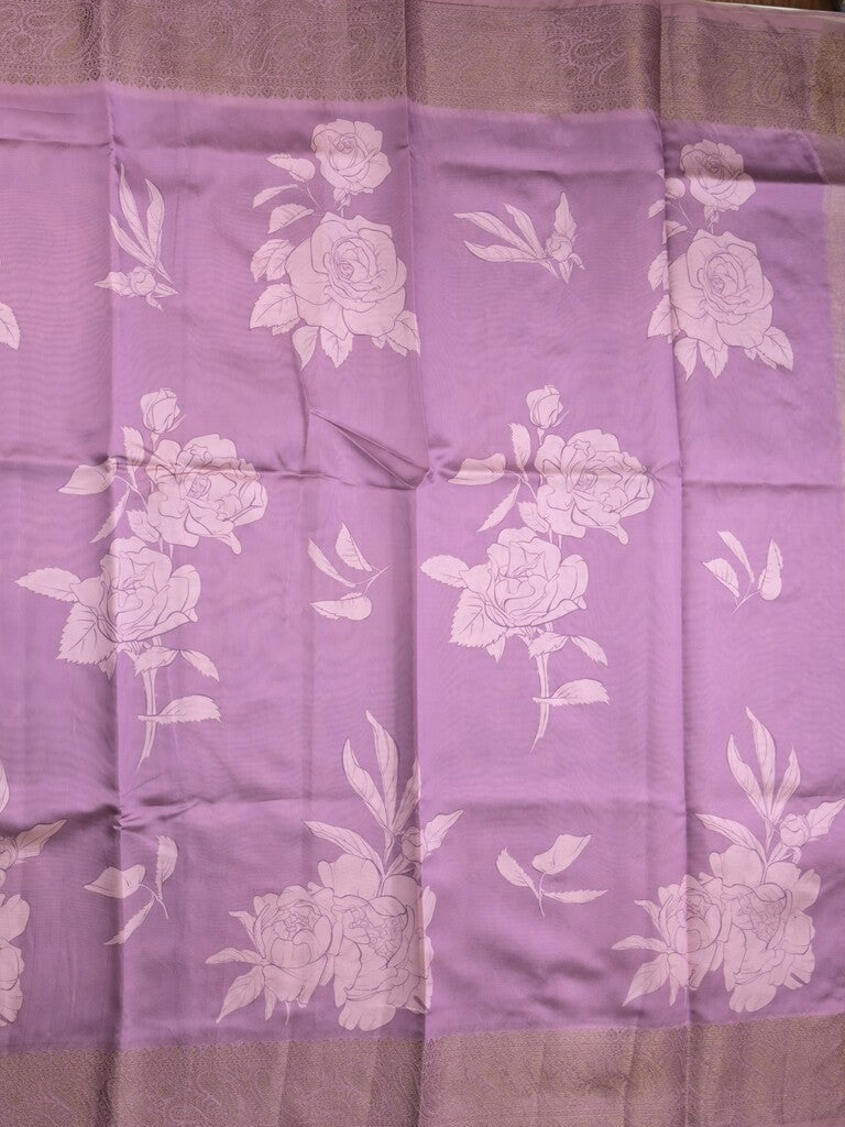 Dupion fancy saree purple color allover digital prints & zari border with short pallu and printed blouse