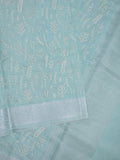 Jute tissue fancy saree sky blue color allover embroidery & zari border with short pallu and plain self blouse