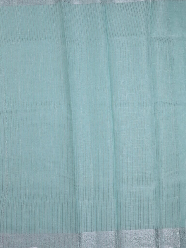 Jute tissue fancy saree sky blue color allover embroidery & zari border with short pallu and plain self blouse