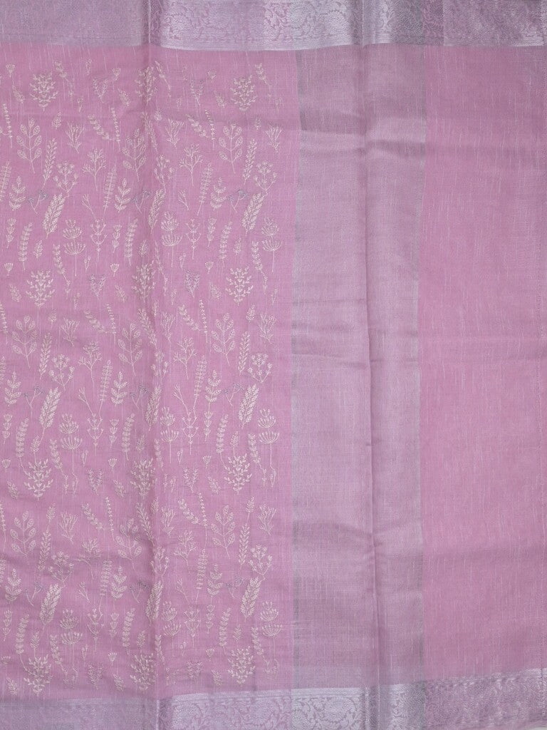 Jute tissue fancy saree light purple color allover embroidery & zari border with short pallu and plain self blouse
