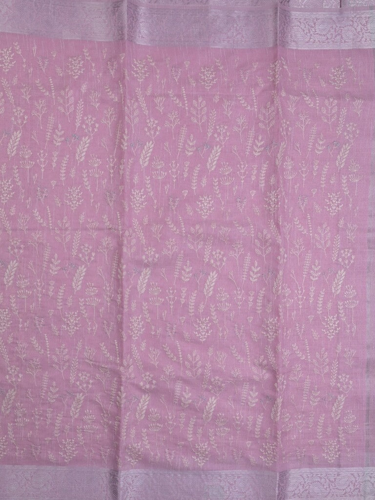 Jute tissue fancy saree light purple color allover embroidery & zari border with short pallu and plain self blouse