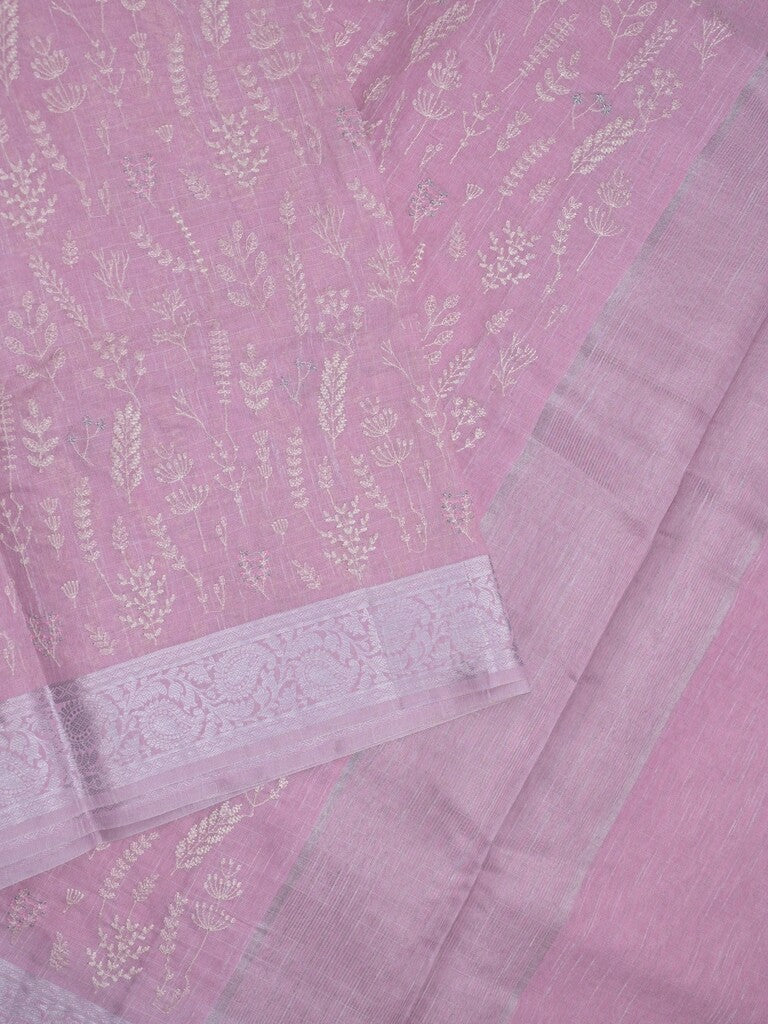 Jute tissue fancy saree light purple color allover embroidery & zari border with short pallu and plain self blouse