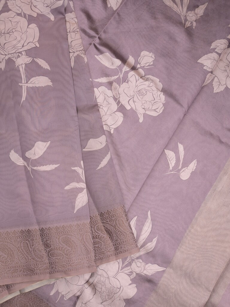 Dupion fancy saree light purple color allover digital prints & zari border with short pallu and printed blouse