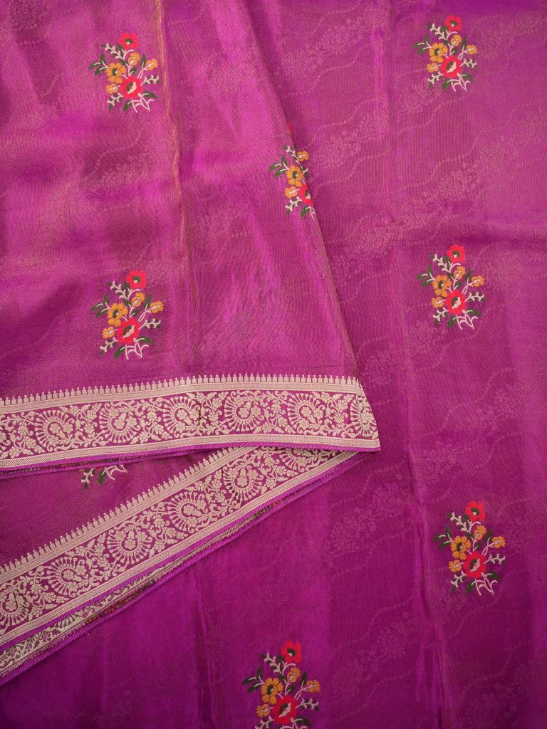 Dola tissue fancy saree lavender color allover zari weaves & small border with rich pallu and contrast plain blouse