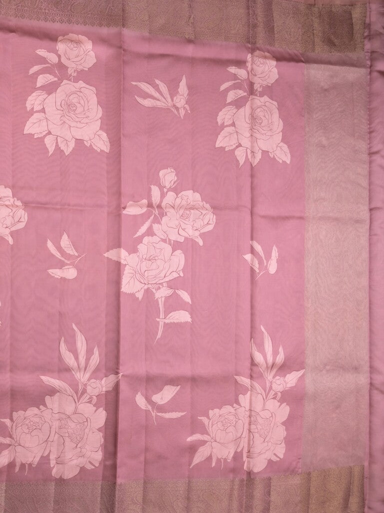 Dupion fancy saree onion pink color allover digital prints & zari border with short pallu and printed blouse