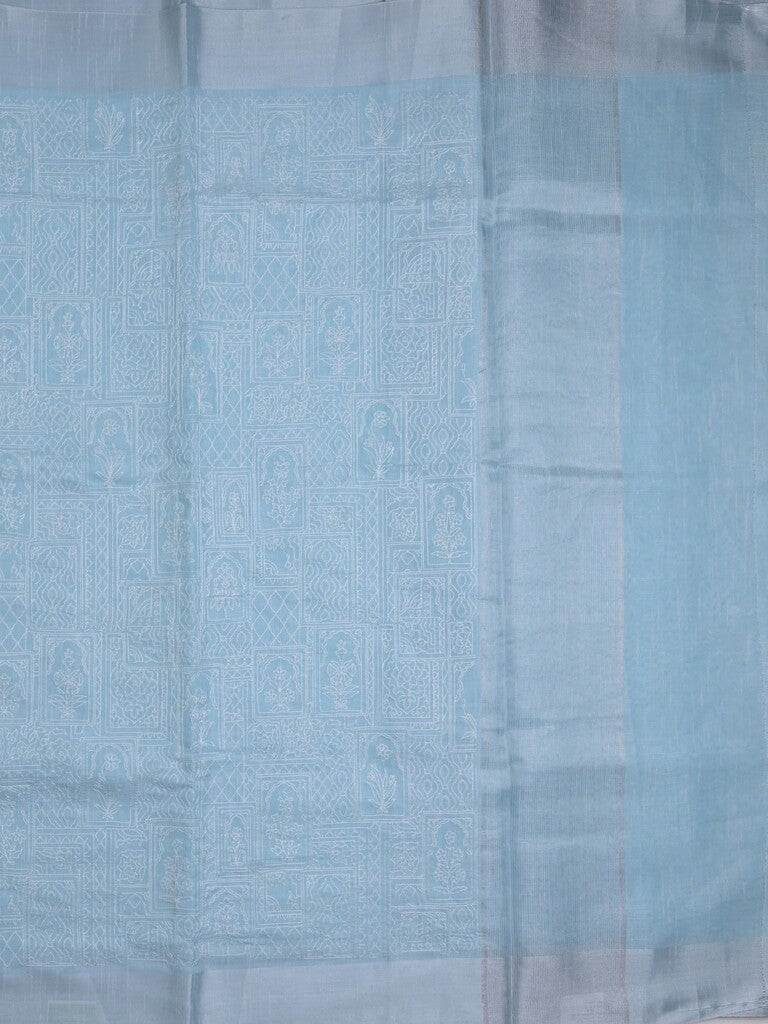 Jute tissue fancy saree sky blue color allover embroidery & kaddi border with short pallu and plain self blouse
