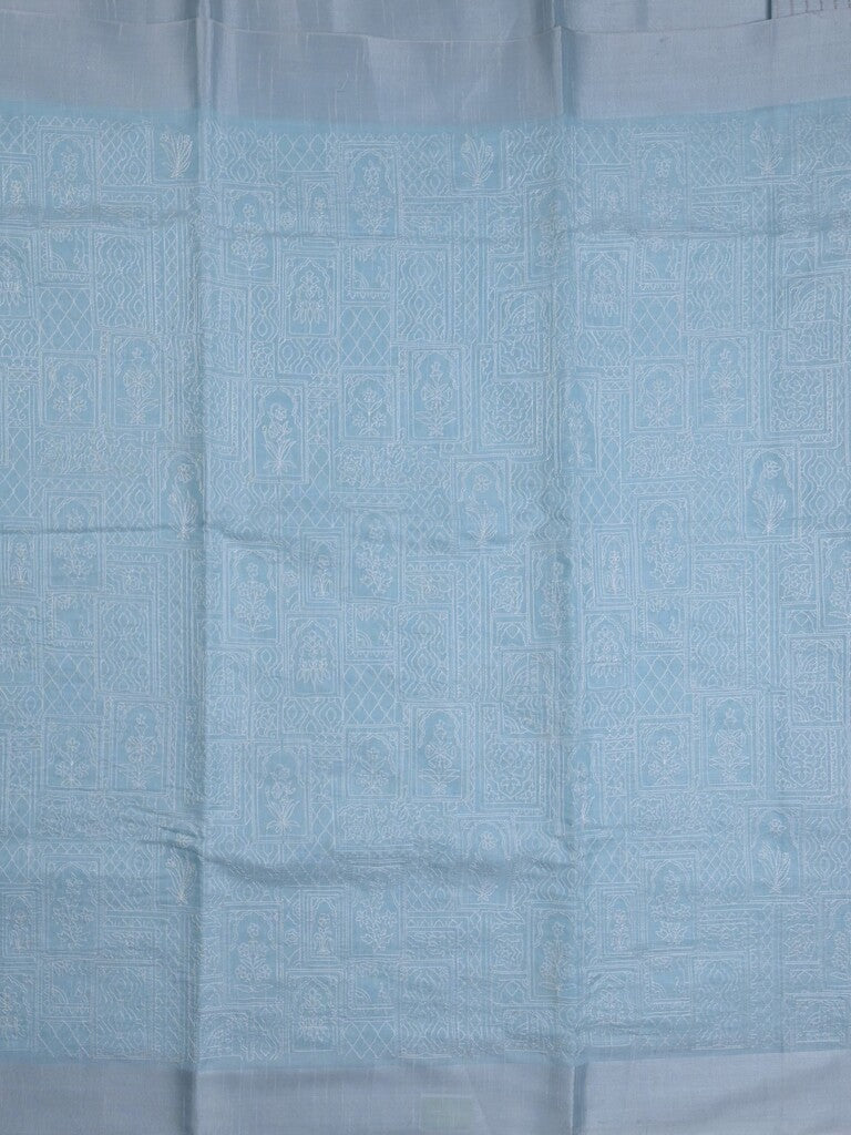 Jute tissue fancy saree sky blue color allover embroidery & kaddi border with short pallu and plain self blouse