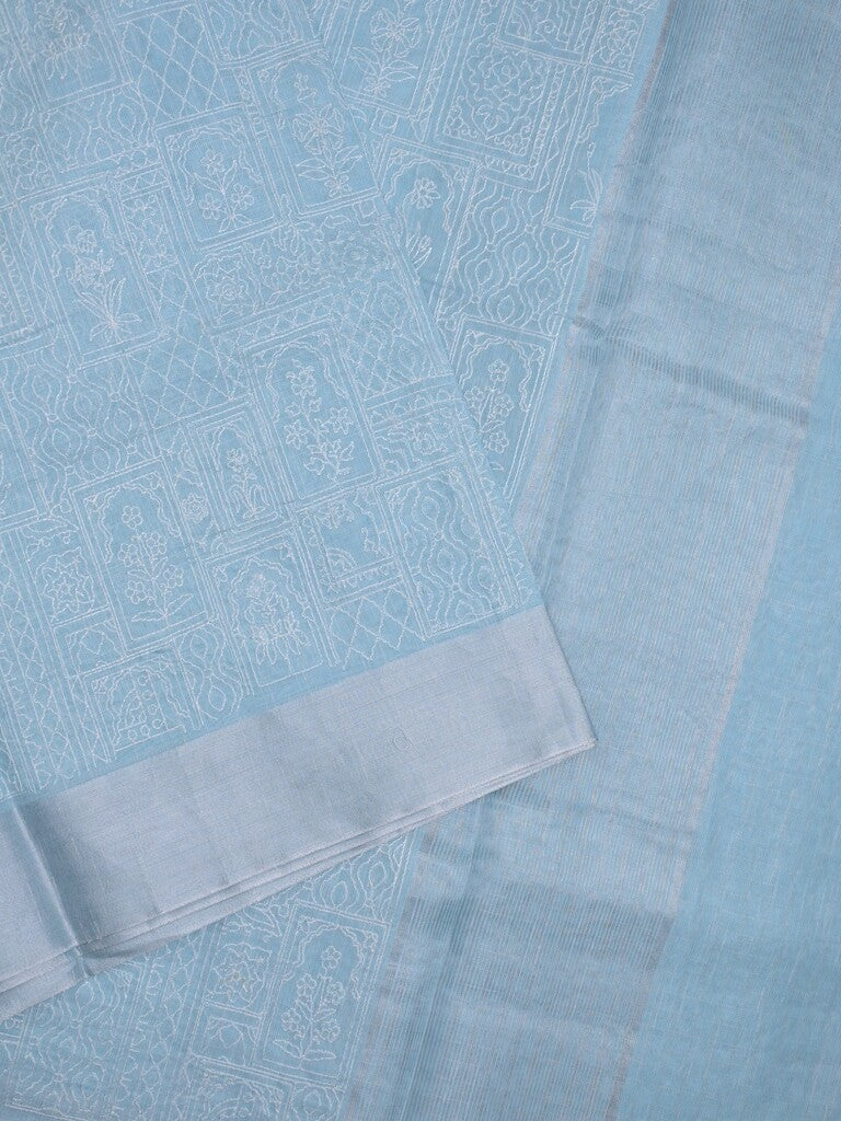 Jute tissue fancy saree sky blue color allover embroidery & kaddi border with short pallu and plain self blouse