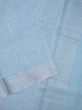Jute tissue fancy saree sky blue color allover embroidery & kaddi border with short pallu and plain self blouse