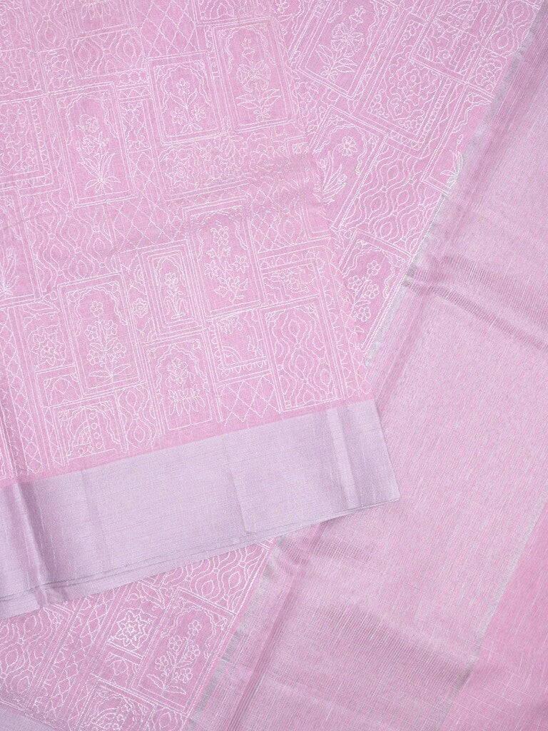 Jute tissue fancy saree lavender color allover embroidery & kaddi border with short pallu and plain self blouse