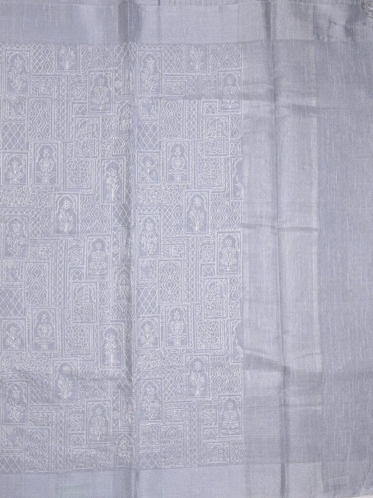 Jute tissue fancy saree gray color allover embroidery & kaddi border with short pallu and plain self blouse