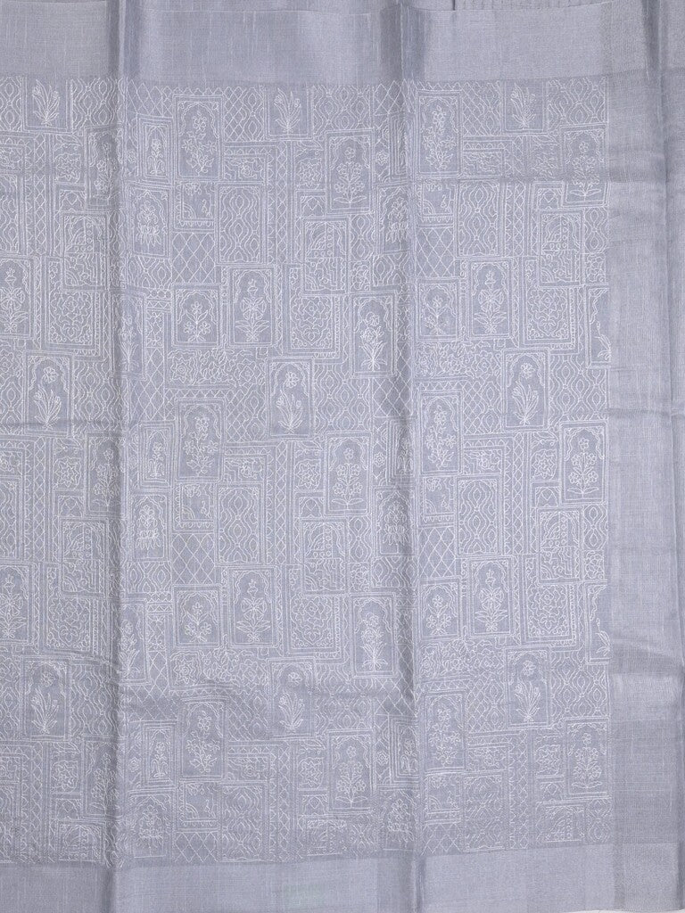 Jute tissue fancy saree gray color allover embroidery & kaddi border with short pallu and plain self blouse