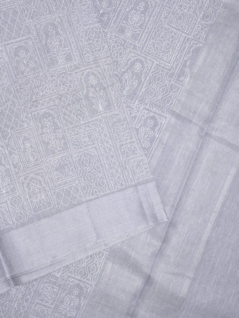 Jute tissue fancy saree gray color allover embroidery & kaddi border with short pallu and plain self blouse