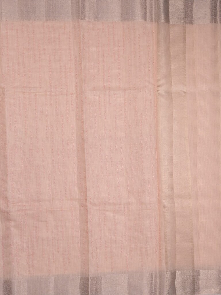 Kota tissue fancy saree light peach color allover embroidery & zari border with short pallu and plain self blouse