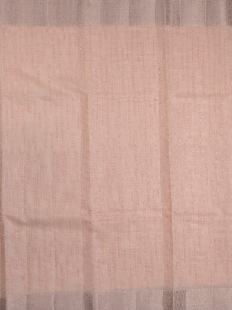 Kota tissue fancy saree light peach color allover embroidery & zari border with short pallu and plain self blouse