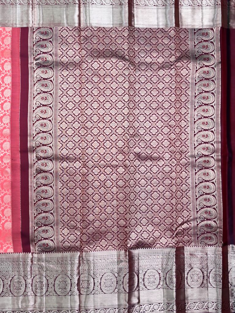 Kanchi pattu saree rose pink color allover zari weaves & big zari border with rich pallu and contrast plain bouse