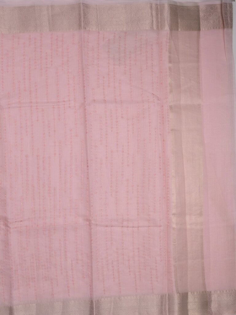 Kota tissue fancy saree baby pink color allover embroidery & zari border with short pallu and plain self blouse