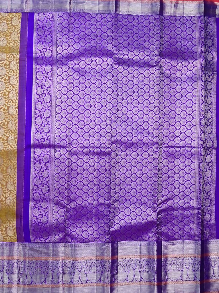 Kanchi pattu saree mustard yellow color allover zari weaves & big zari border with rich pallu and contrast plain bouse