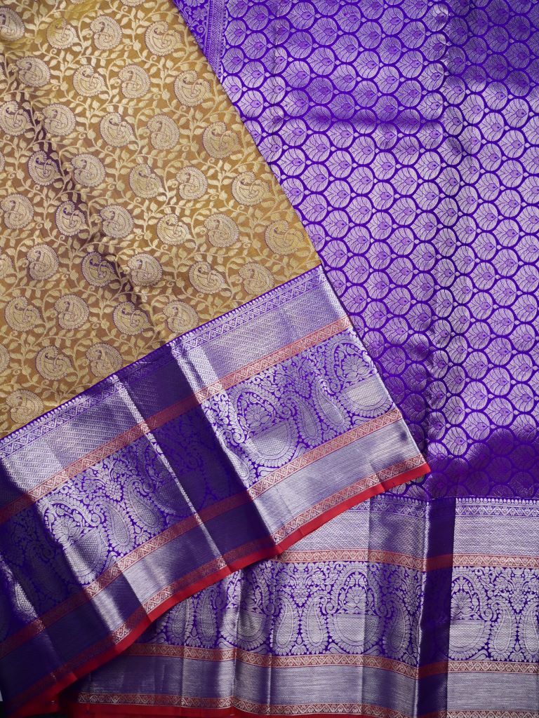 Kanchi pattu saree mustard yellow color allover zari weaves & big zari border with rich pallu and contrast plain bouse