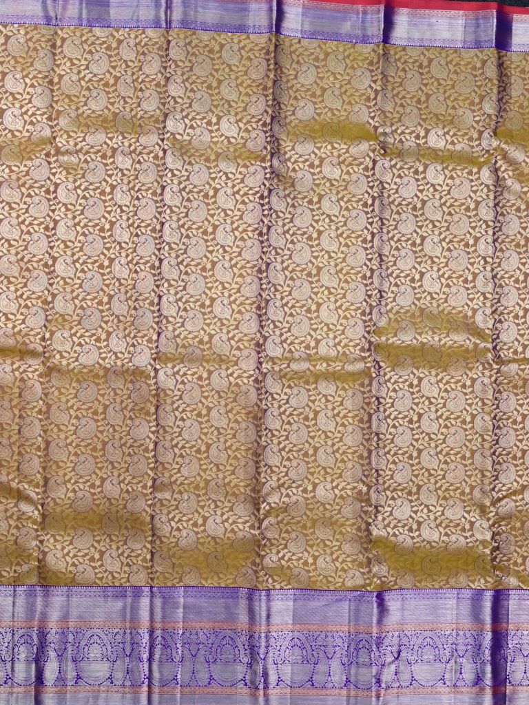 Kanchi pattu saree mustard yellow color allover zari weaves & big zari border with rich pallu and contrast plain bouse