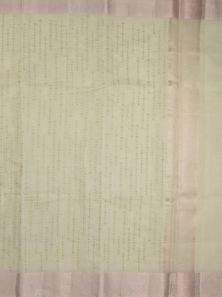 Kota tissue fancy saree light pista green color allover embroidery & zari border with short pallu and plain self blouse