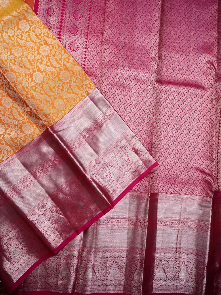 Kanchi pattu saree golden yellow color allover zari weaves & big zari border with rich pallu and contrast plain bouse