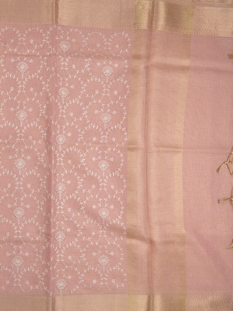 Kota tissue fancy saree baby pink color allover embroidery & zari border with short pallu and plain self blouse