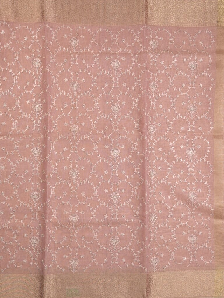 Kota tissue fancy saree baby pink color allover embroidery & zari border with short pallu and plain self blouse
