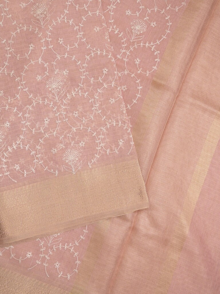 Kota tissue fancy saree baby pink color allover embroidery & zari border with short pallu and plain self blouse
