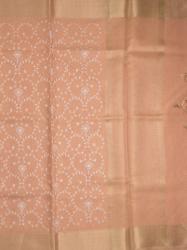 Kota tissue fancy saree peach color allover embroidery & zari border with short pallu and plain self blouse