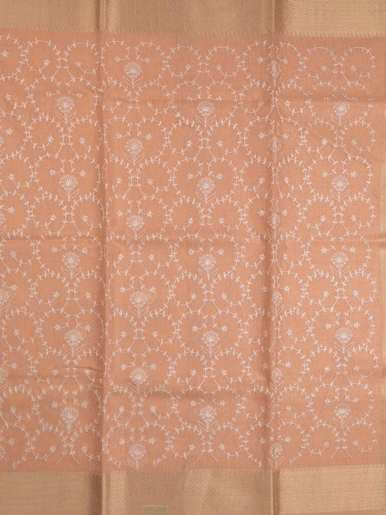 Kota tissue fancy saree peach color allover embroidery & zari border with short pallu and plain self blouse