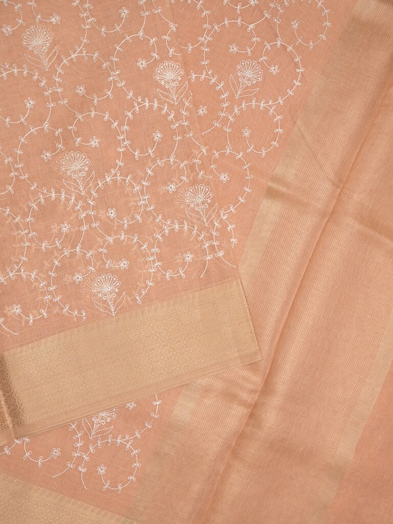 Kota tissue fancy saree peach color allover embroidery & zari border with short pallu and plain self blouse