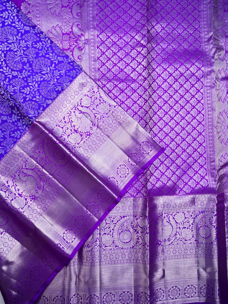 Kanchi pattu saree royal blue color allover zari weaves & big zari border with rich pallu and contrast plain bouse