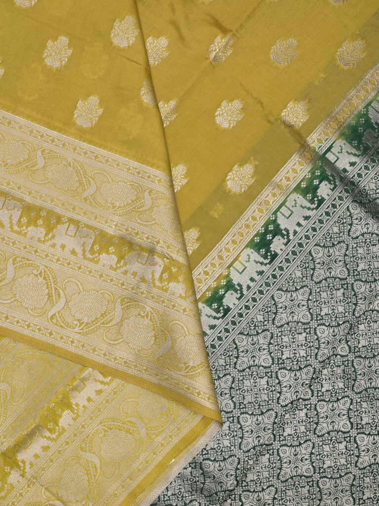 Dupion fancy saree greenish yellow color allover zari motifs & zari border with rich pallu and plain contrast blouse