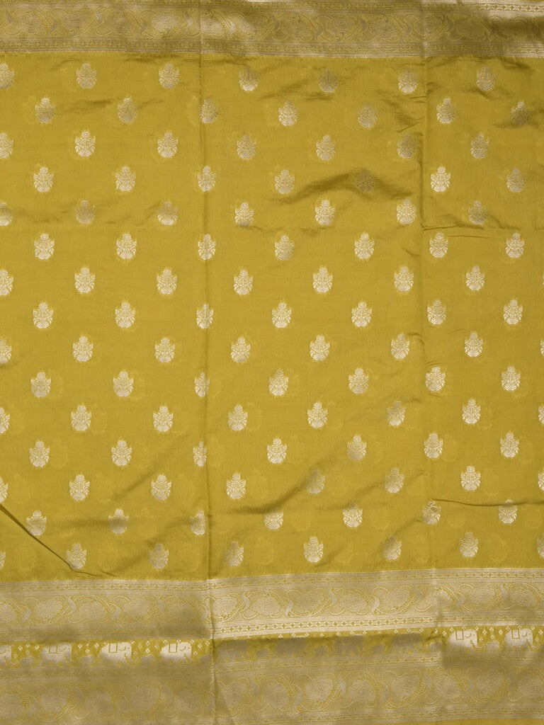 Dupion fancy saree greenish yellow color allover zari motifs & zari border with rich pallu and plain contrast blouse