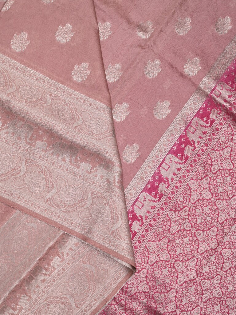 Dupion fancy saree baby pink color allover zari motifs & zari border with rich pallu and plain contrast blouse