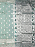 Dupion fancy saree lux green color allover zari motifs & zari border with rich pallu and plain contrast blouse