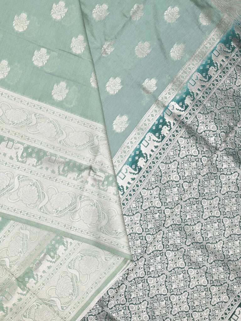 Dupion fancy saree lux green color allover zari motifs & zari border with rich pallu and plain contrast blouse