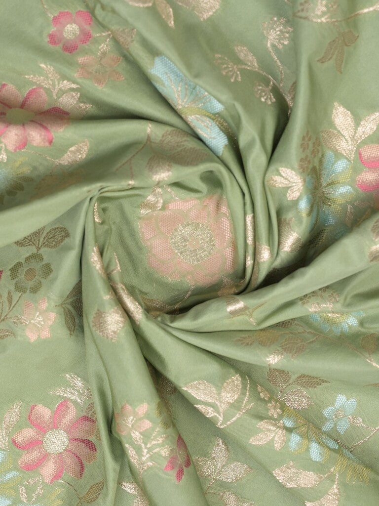 Georgette fancy saree pista green color allover zari weaves & zari border with rich pallu and plain self blouse